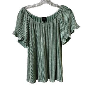 W5 Flutter Sleeve Top‎ L Off Shoulder / On Shoulder Green & White Striped (2556)